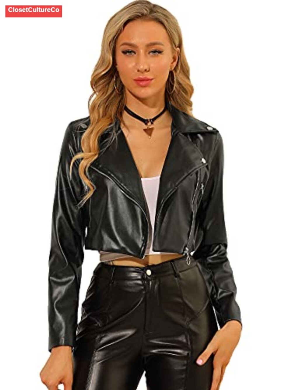 Faux Leather Long Sleeve Zip Up Moto Cropped Jacket Womens